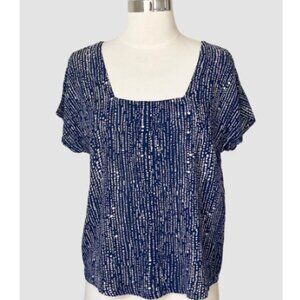 Navy Blue Bubble Print Button Back Square Neck Tee, Medium NWT